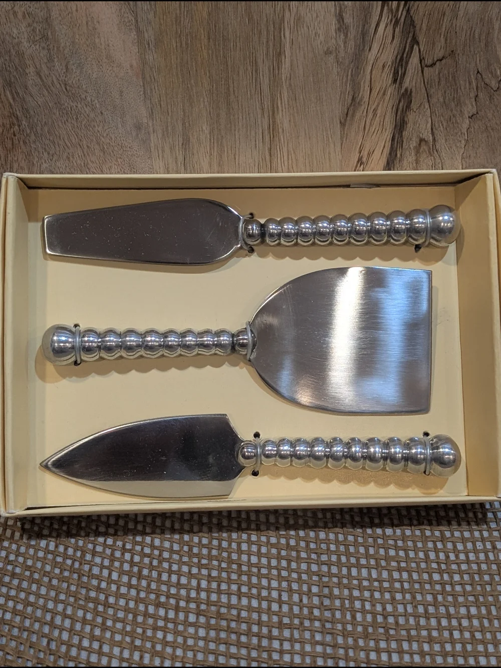 Pier 1 Silver Beaded Handle Cheese Knife Set, New in Box